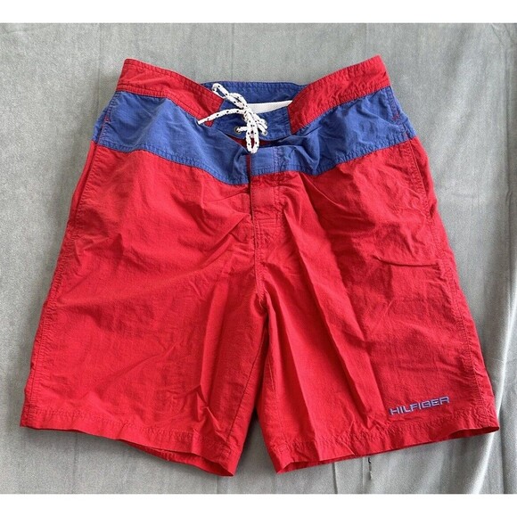 90s TOMMY HILFIGER Mens Medium Mesh Lined Red Blue Swim Trunks Shorts Colorblock - Picture 1 of 14
